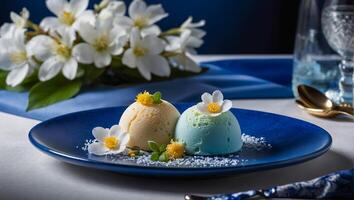 Mochi blue ice cream with flowers in cafe photo