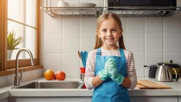 pequeño niña en el cocina, limpieza concepto foto