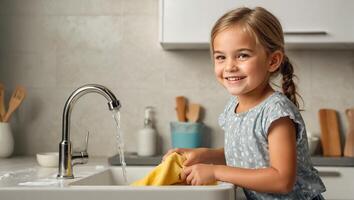 pequeño niña en el cocina, limpieza concepto foto