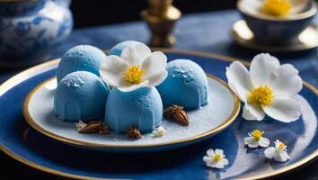 Mochi blue ice cream with flowers in cafe photo