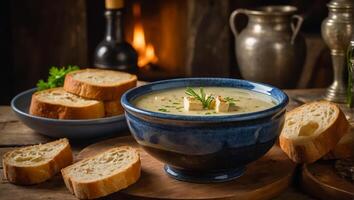 Avgolemono soup in a plate photo