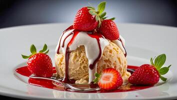 Fresco hielo crema con fresas foto