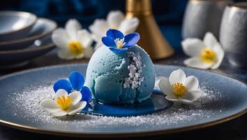 Mochi blue ice cream with flowers in cafe photo