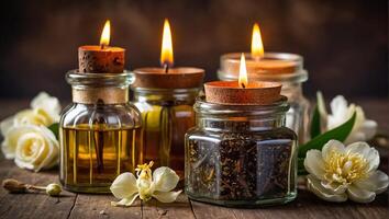 Cosmetic oil, candles, flowers photo