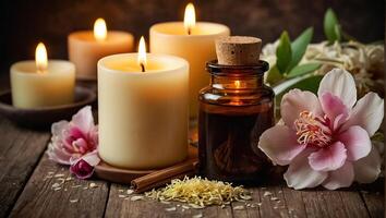 Cosmetic oil, candles, flowers photo