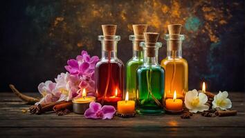 Cosmetic oil, candles, flowers photo
