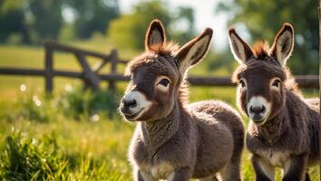 Cute donkey on a farm in summer photo