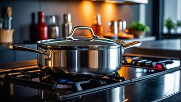 Beautiful pot on the hob in the kitchen photo