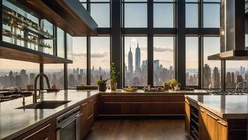 Beautiful modern kitchen with panoramic windows overlooking New York photo