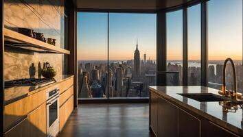 Beautiful modern kitchen with panoramic windows overlooking New York photo