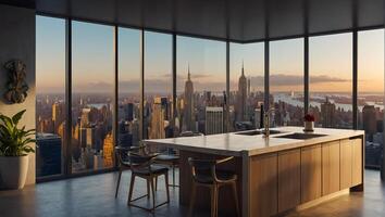 Beautiful modern kitchen with panoramic windows overlooking New York photo