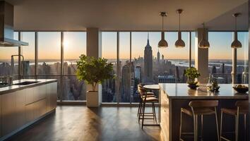 hermosa moderno cocina con panorámico ventanas con vista a nuevo York foto