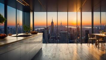 hermosa moderno cocina con panorámico ventanas con vista a nuevo York foto