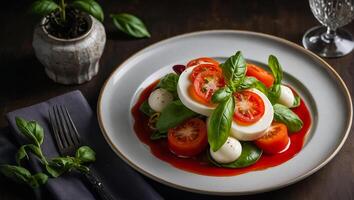 Fresco caprese ensalada en un restaurante foto