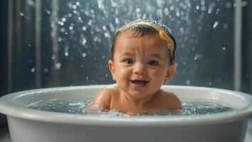 Cute baby bathing in the bath photo