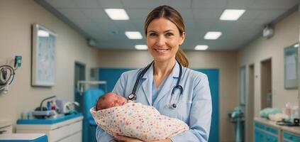 sonriente mujer médico con recién nacido bebé en maternidad hospital foto