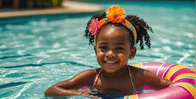 contento africano americano pequeño niña en nadando piscina en verano foto