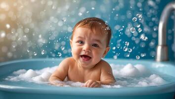 Cute baby bathing in the bath photo