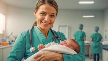 sonriente mujer médico con recién nacido bebé en maternidad hospital foto