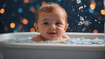 linda bebé baños en el bañera foto