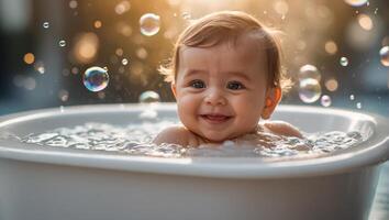 linda bebé baños en el bañera foto