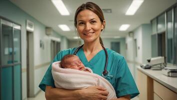 sonriente mujer médico con recién nacido bebé en maternidad hospital foto