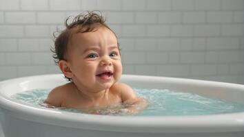 Cute baby bathing in the bath photo