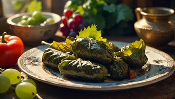 apetitoso dolma en un plato en el mesa foto