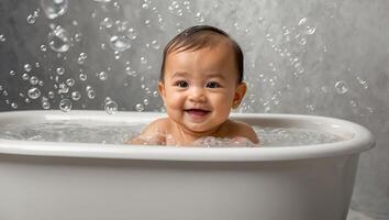 Cute baby bathing in the bath photo