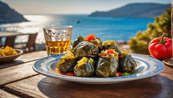 Appetizing dolma in a plate in a tavern against the backdrop of the sea photo