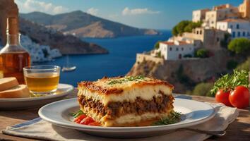 Moussaka on the table against the background of the sea photo