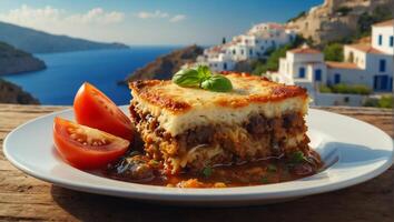 Moussaka on the table against the background of the sea photo