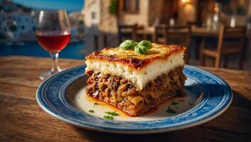 Moussaka on the table against the background of the sea photo