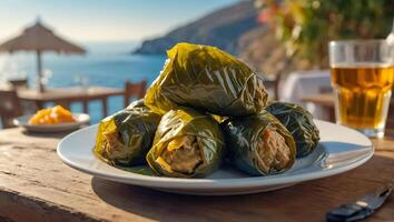 Appetizing dolma in a plate in a tavern against the backdrop of the sea photo