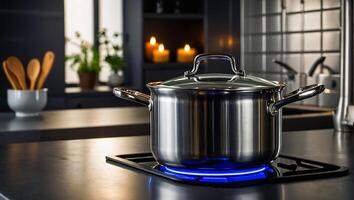 Beautiful pot on the hob in the kitchen photo