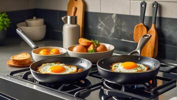 Delicious omelette a frying pan in the kitchen photo