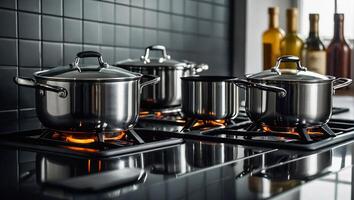 Beautiful pot on the hob in the kitchen photo