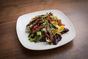 Fresh salad with grilled beef , arugula and tomato. Top view photo