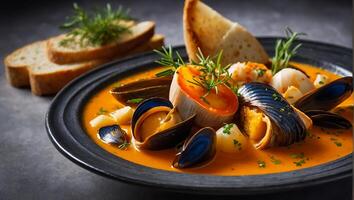 Bouillabaisse soup in a restaurant photo