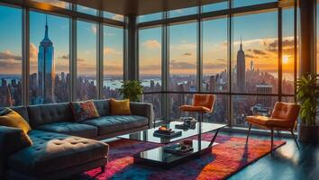 beautiful modern living room with panoramic windows overlooking New York photo