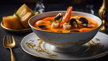 Bouillabaisse soup in a restaurant photo