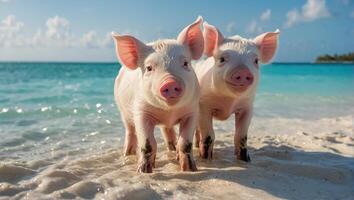 Cute pig on the bahamas sea photo