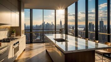 Beautiful modern kitchen with panoramic windows overlooking New York photo