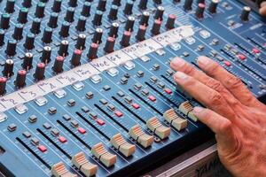 Audio mixing console closeup photo