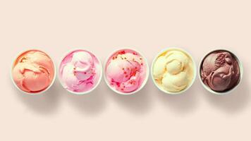 Ice cream row assortment multicolored top view turning around dessert summer sweets tasty unhealthy food refreshing cool video