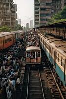 Crowds of Indian men at a commuter railroad station in Mumbai photo