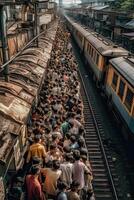 Crowds of Indian men at a commuter railroad station in Mumbai photo