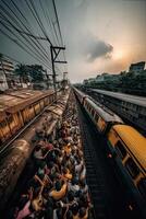 Crowds of Indian men at a commuter railroad station in Mumbai photo