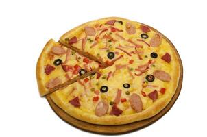 Fresh, appetizing pizza with the olives, the vegetables and the fruits photo