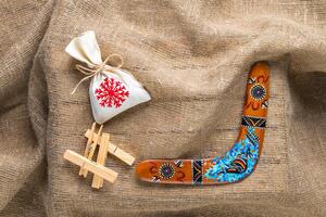 Bag and a boomerang in Christmas decor photo